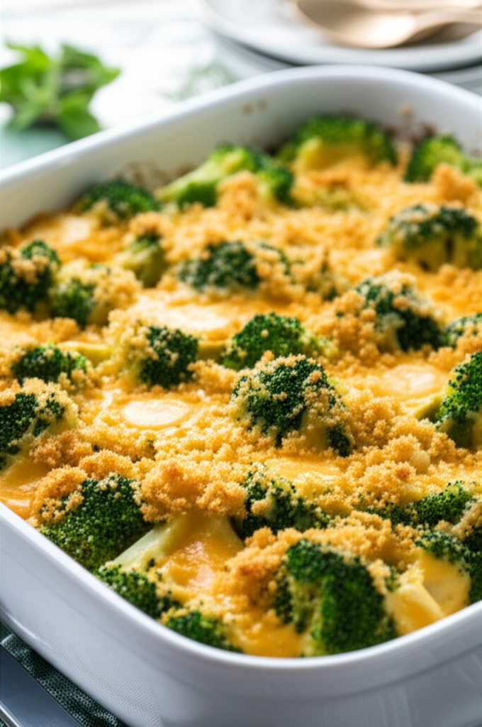 Baked broccoli and cheese casserole with golden brown breadcrumb topping in a white dish.
