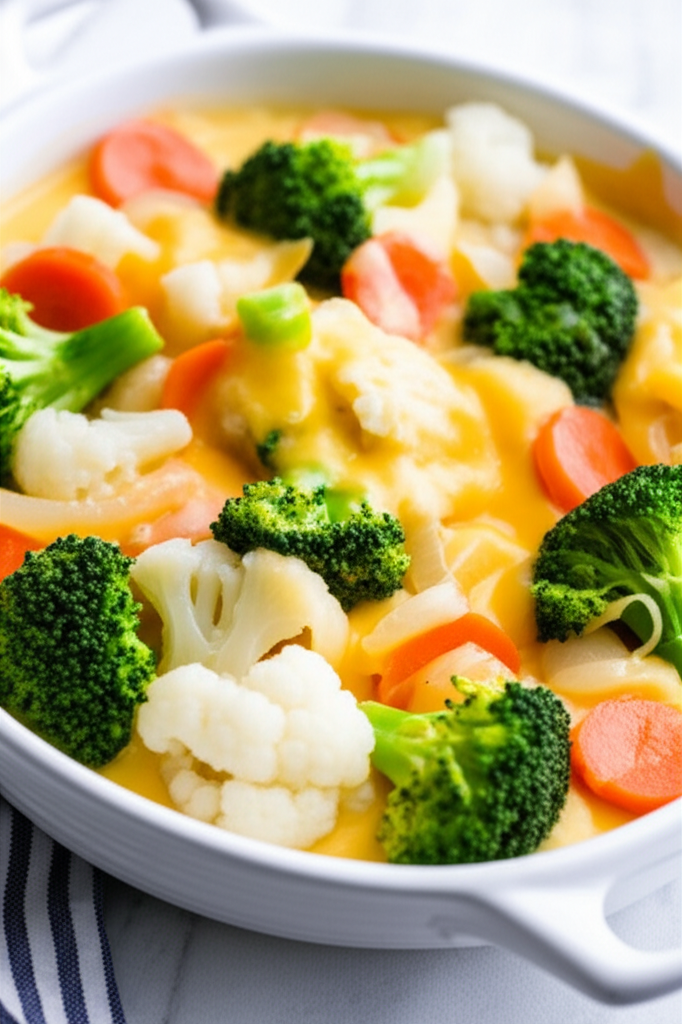Broccoli, cauliflower, and carrot pieces in a creamy yellow cheese sauce, served in a white dish.
