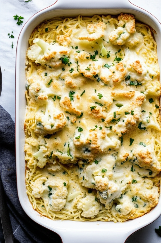 Baked cauliflower and spaghetti casserole in a white dish, topped with creamy sauce and parsley.