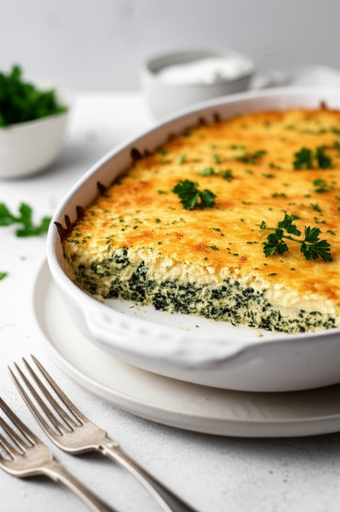 Baked spinach casserole in white dish, golden-brown top, garnished with parsley.