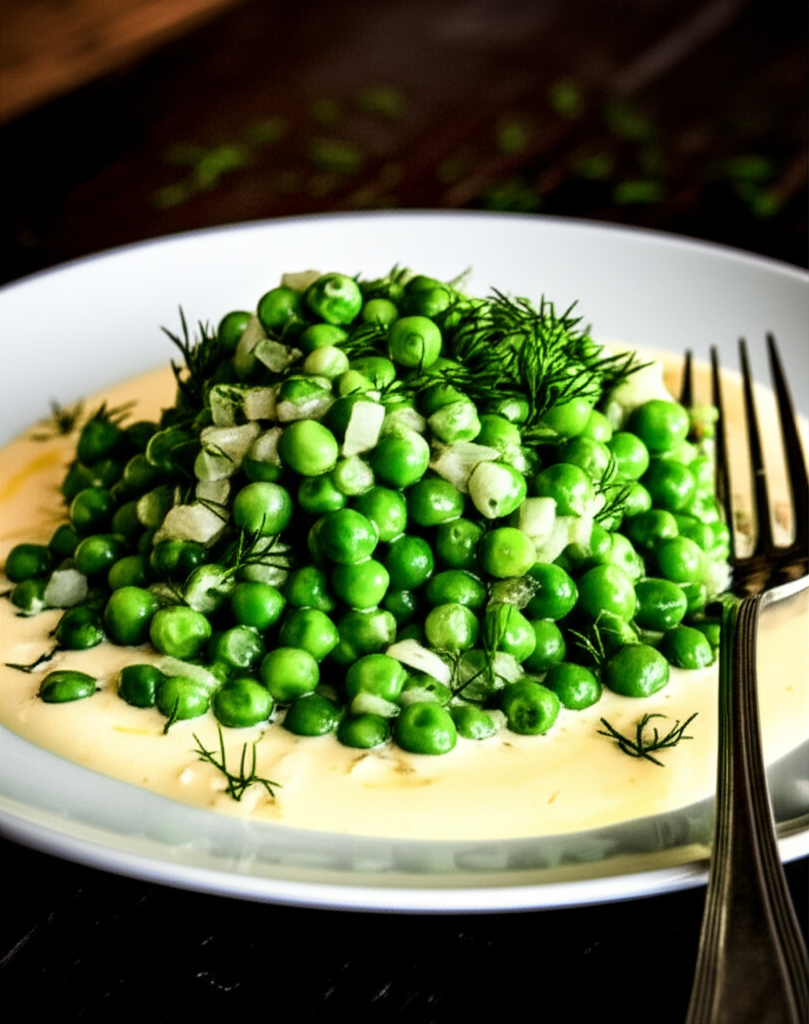 Steamed green peas with diced onions and dill, served on a white plate with a light sauce.
