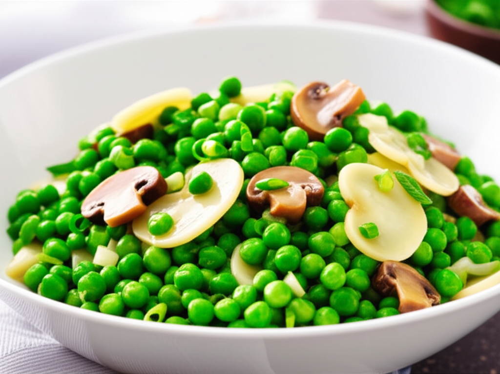 Steamed bright green peas with sliced water chestnuts and sautéed mushrooms in a white bowl.