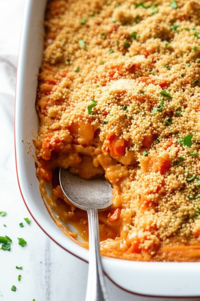 Carrots au gratin in a white baking dish, topped with golden breadcrumbs and parsley. Spoon in the dish.