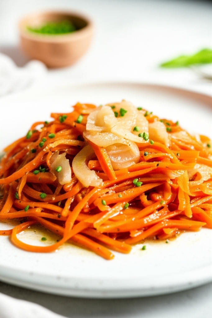 Sautéed carrot ribbons with caramelized onions, garnished with fresh chives on a white plate.