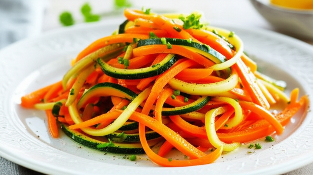 Julienned carrots and zucchini, garnished with herbs, on a white plate.