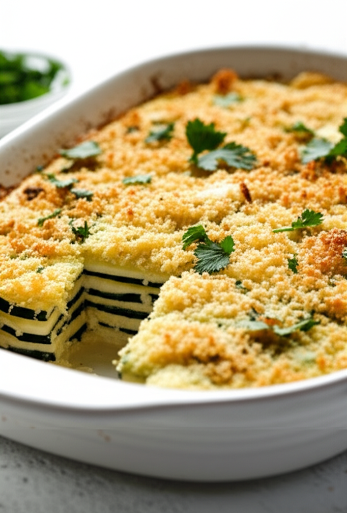 Baked zucchini layered with cheese, topped with golden breadcrumbs and parsley in a white dish.