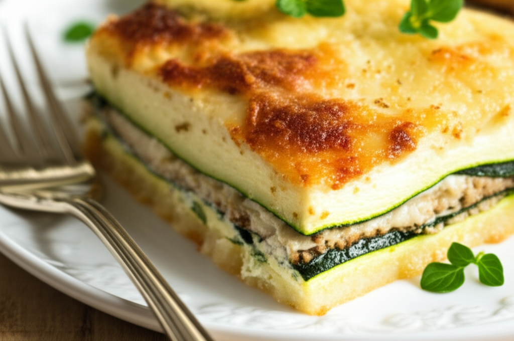 Slice of layered zucchini casserole with golden-brown top, served on a white plate with a fork.