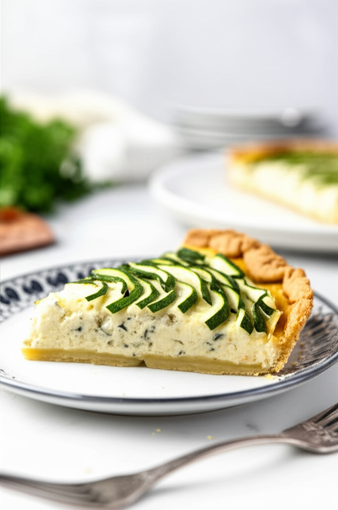 Slice of zucchini pie on a plate. Golden crust, creamy filling with herbs, and zucchini slices arranged on top.