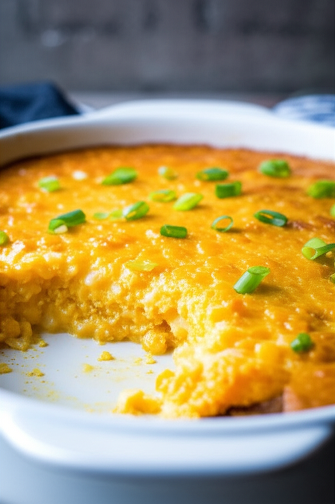 Baked creamed corn casserole in white dish, garnished with chopped green onions, showing soft texture.