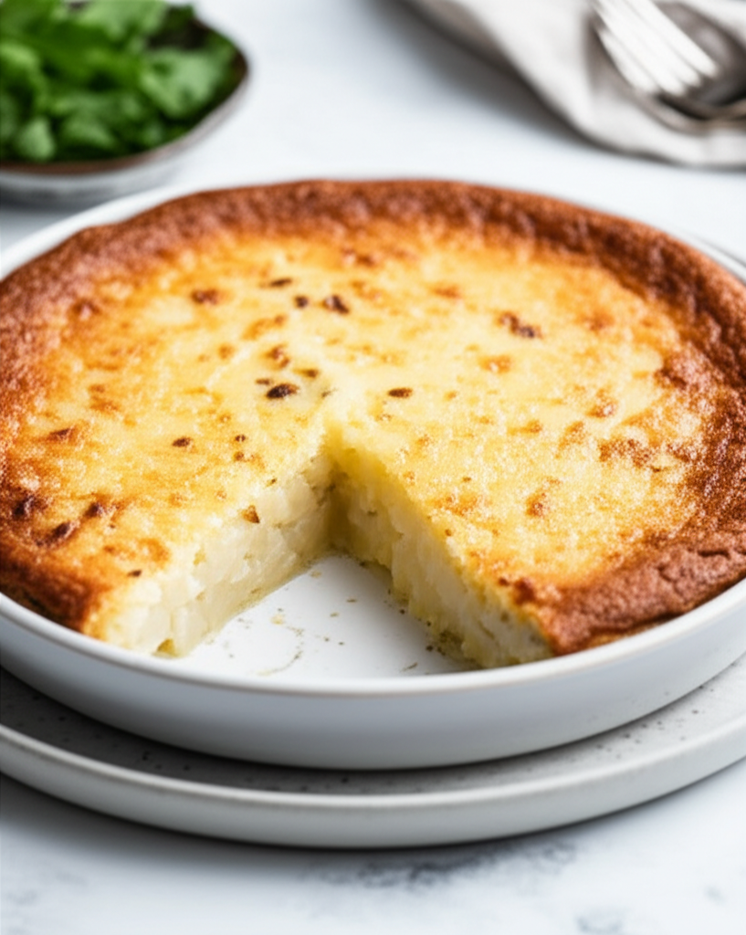 Baked white turnip pudding in a white dish, golden-brown crust, slice removed revealing soft interior.