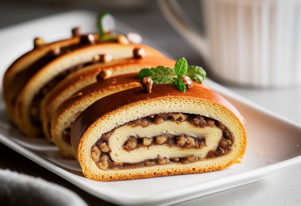 Sliced Slovak nut roll on a white plate, garnished with mint and nuts.