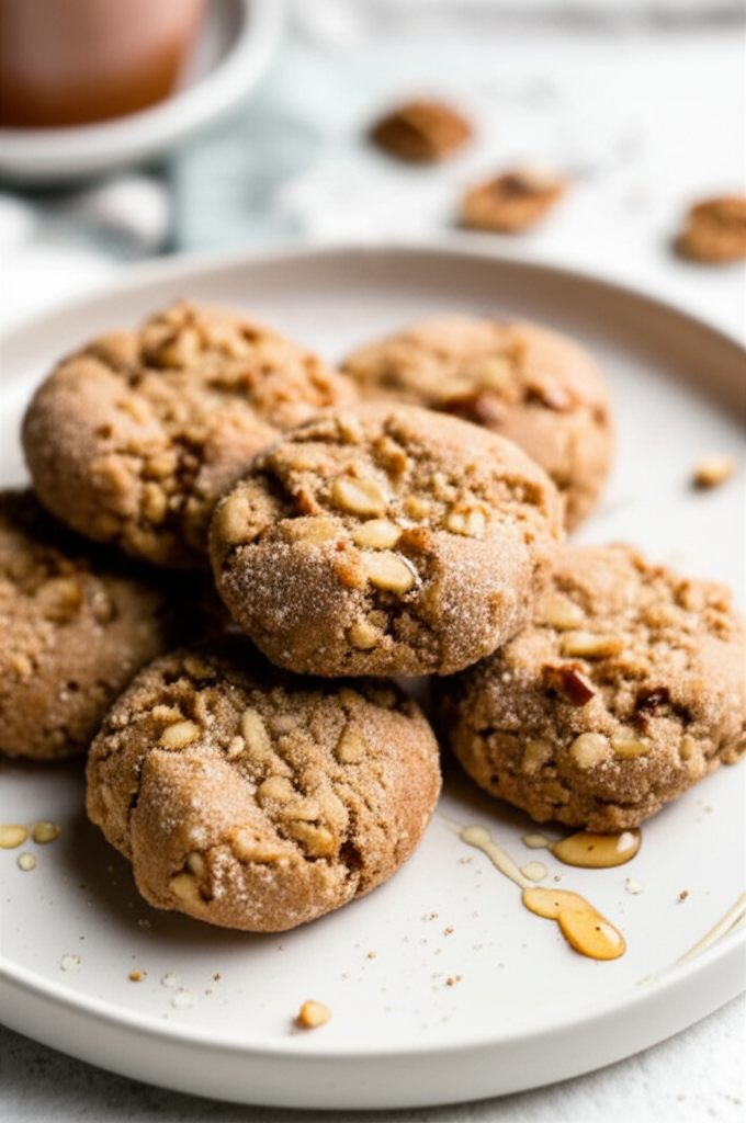 Pile of baked, golden-brown nut cookies on a white plate with a drizzle of honey.