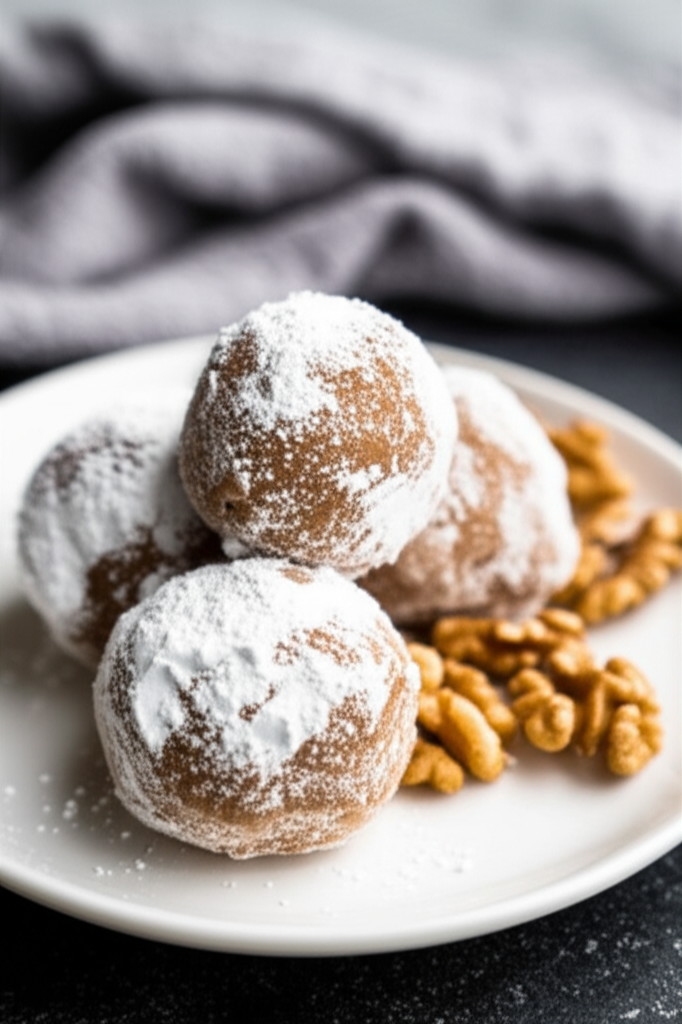 Walnut balls dusted with powdered sugar on a white plate, garnished with walnut pieces.
