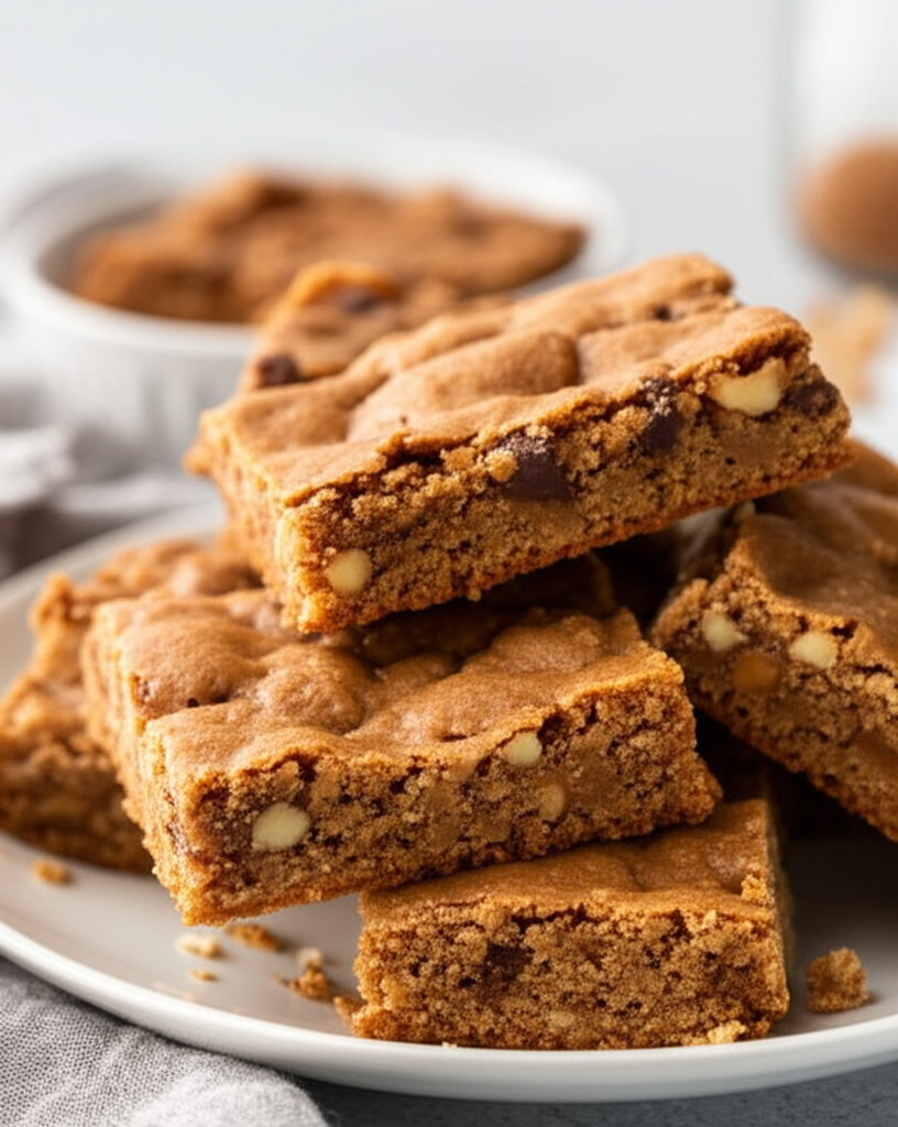 Stack of baked, golden-brown chewy bars with nuts and chocolate chips on a white plate.