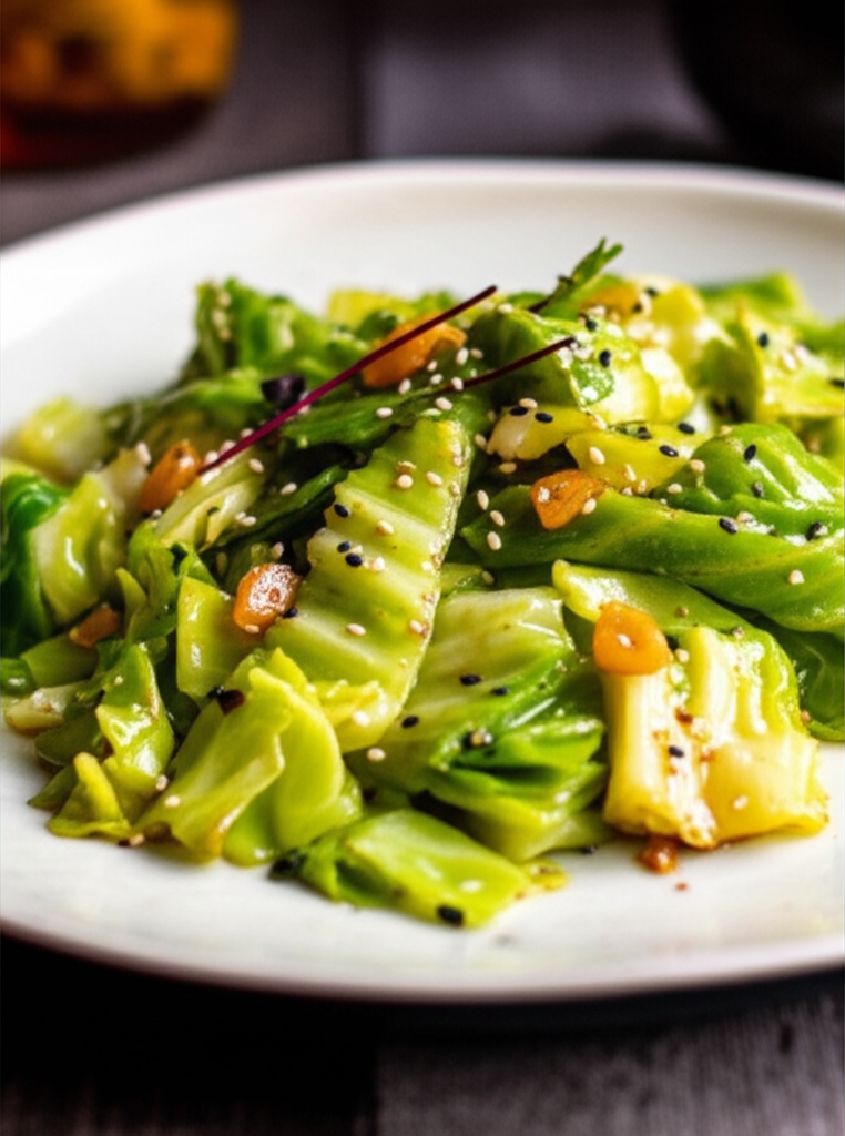 Stir-fried green cabbage on a white plate, garnished with sesame seeds and fried garlic.