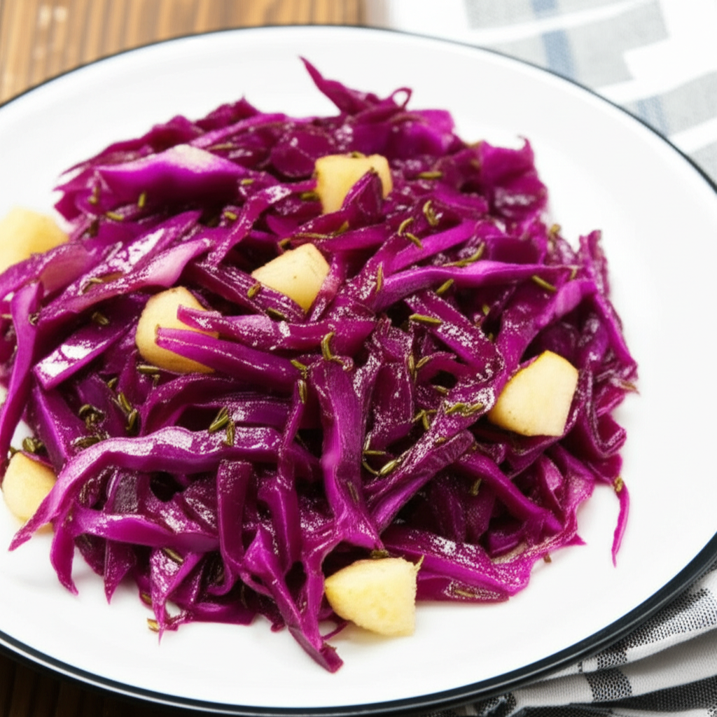 Braised red cabbage with apple chunks and herbs, served on a white plate.