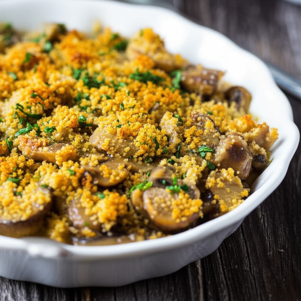 Baked mushrooms topped with golden breadcrumbs and parsley in a white dish.
