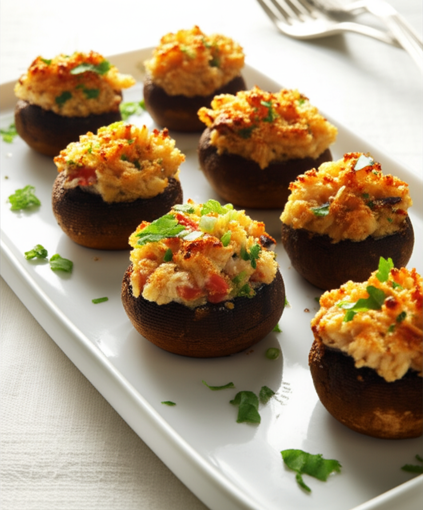 Baked stuffed mushrooms on a white platter, filled with a golden-brown, herbed breadcrumb mixture.