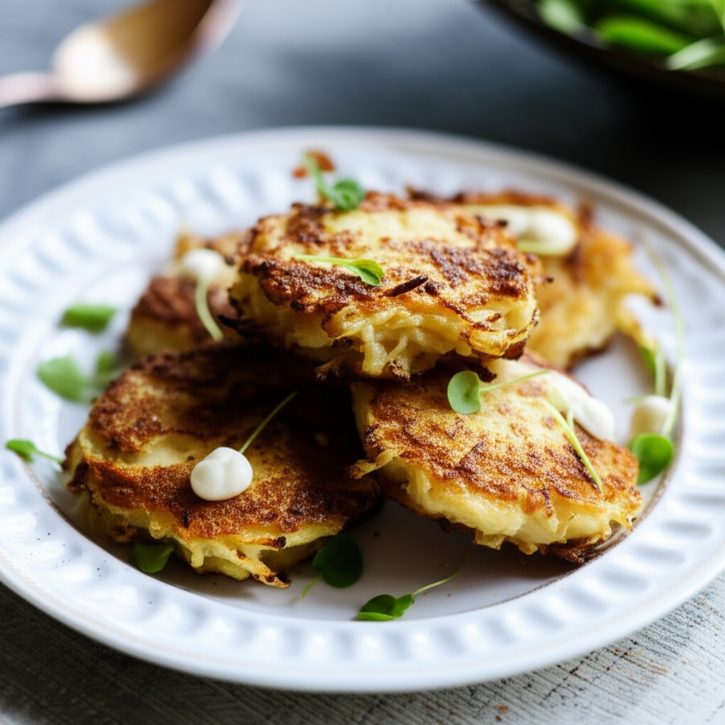 Golden-brown parsnip fritters stacked on a white plate, topped with dollops of white sauce and garnished with microgreens.