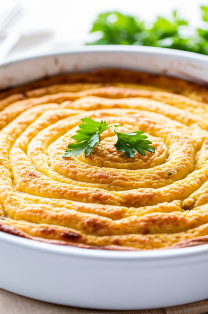 Baked turnip puff in a white dish, swirled pattern, garnished with parsley.