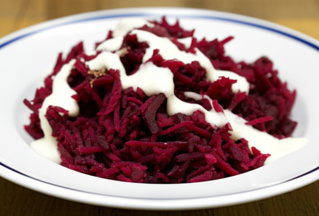 Shredded red beets with creamy white sauce on a white plate with blue rim.