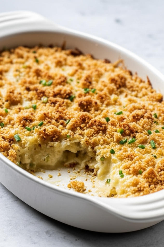 Baked Vidalia onion casserole in white dish, topped with golden-brown breadcrumbs and chopped chives. A portion is scooped out.