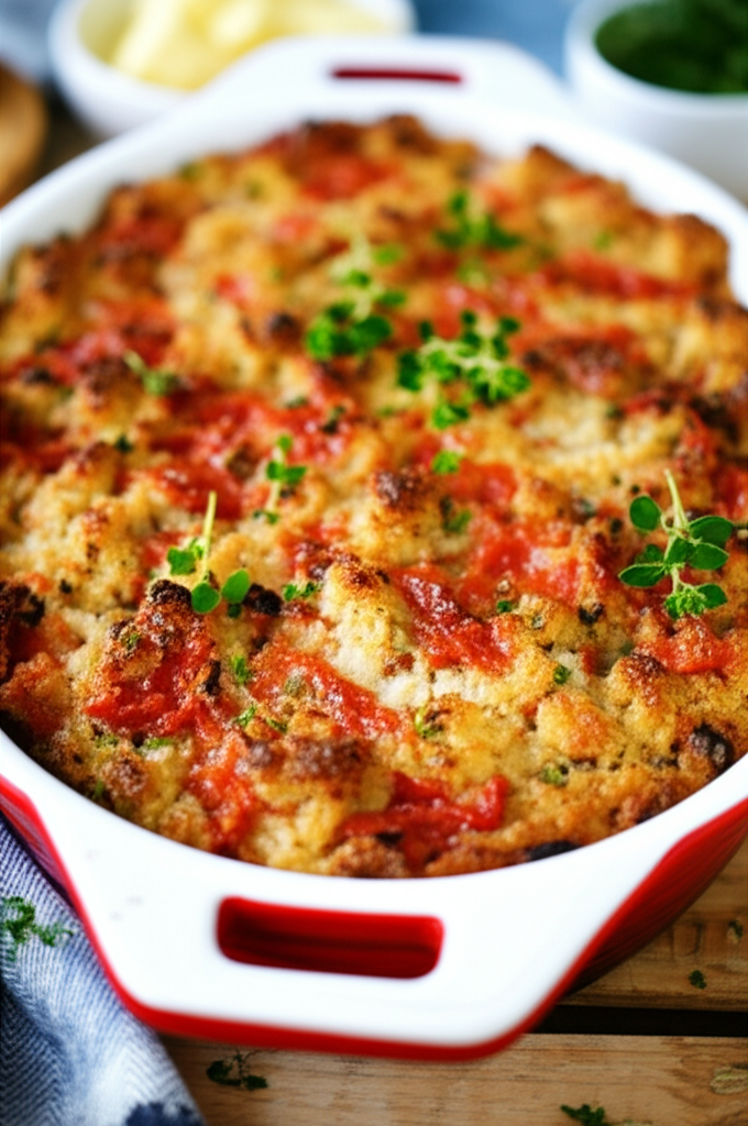 Baked tomato casserole in red and white dish, topped with herbs. Golden brown crust.