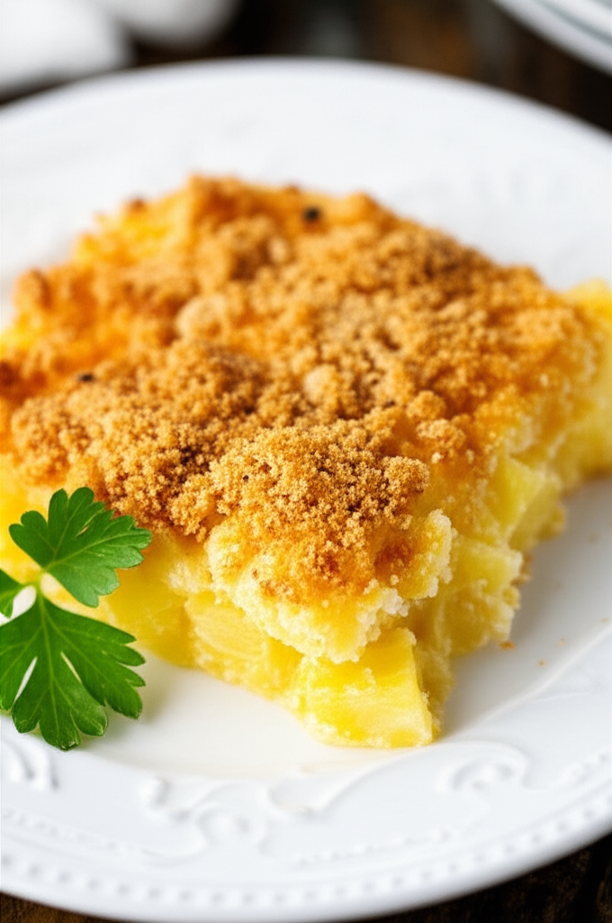 Baked pineapple casserole with a golden crumb topping, served on a white plate with parsley.