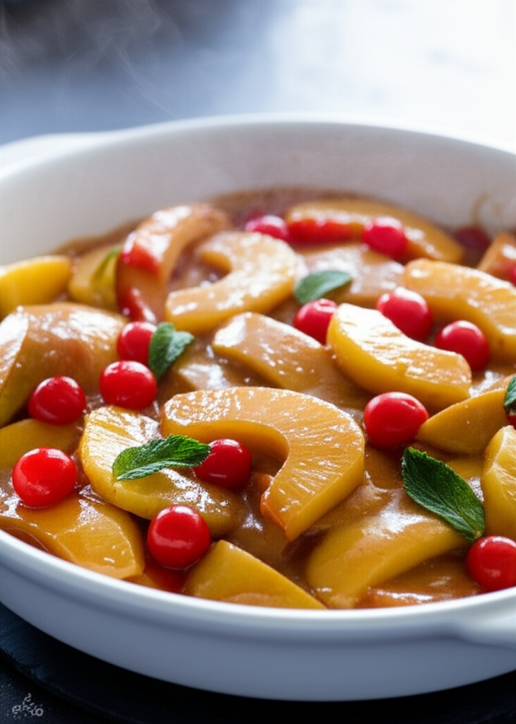 Steaming hot curried fruit in white dish. Golden fruit slices, red cherries, and mint leaves in a spiced sauce.