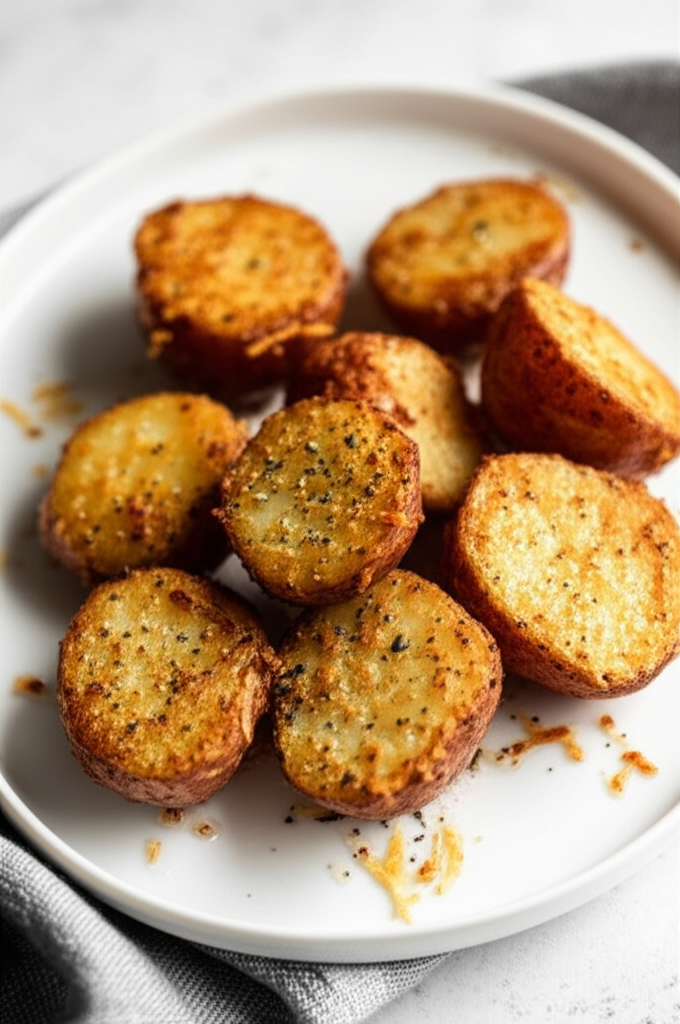 Crispy, golden-brown roasted potatoes seasoned with pepper and parmesan cheese on a white plate.