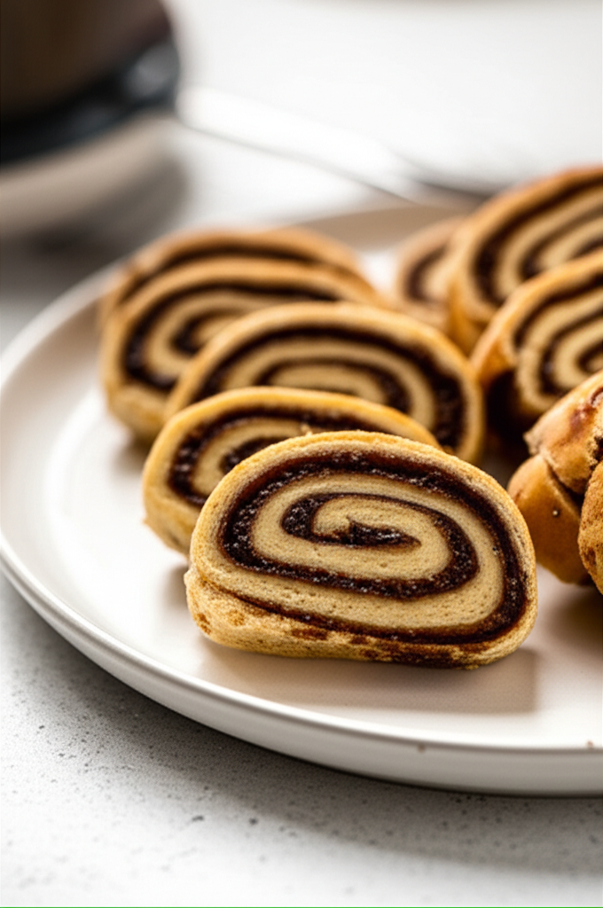 Baked date and nut pinwheel cookies on a white plate, showing the swirl filling.