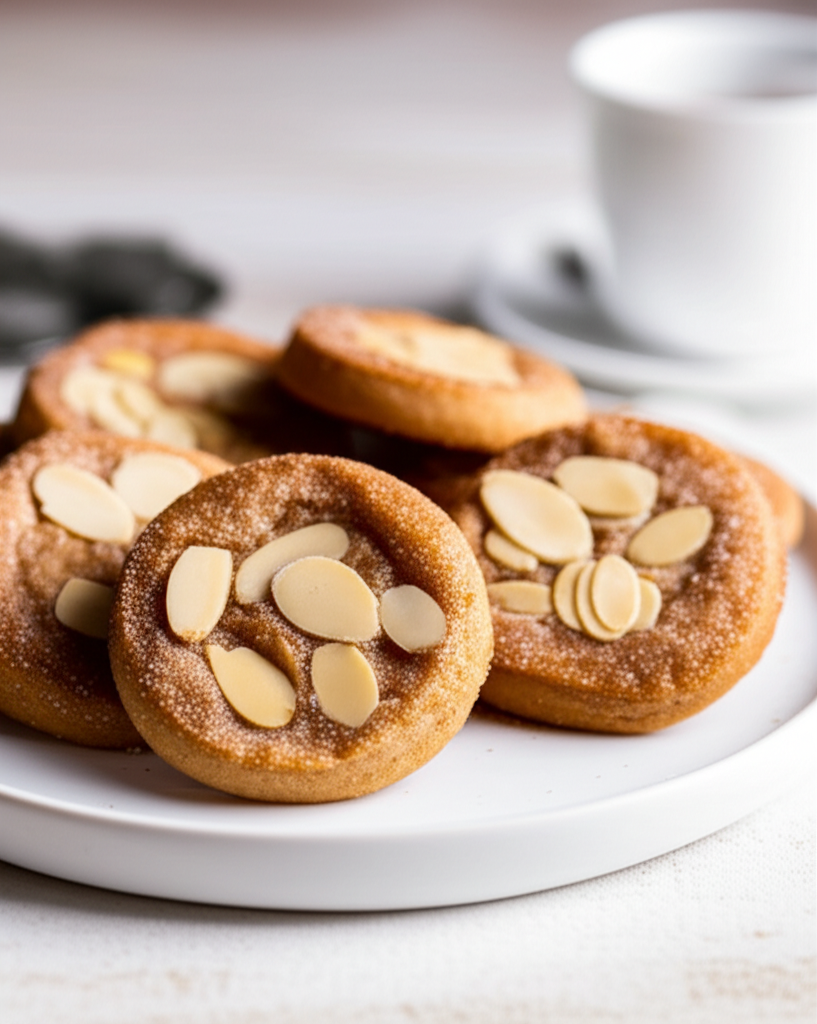 Golden-brown sand tarts on a white plate, topped with sliced almonds and a dusting of sugar.