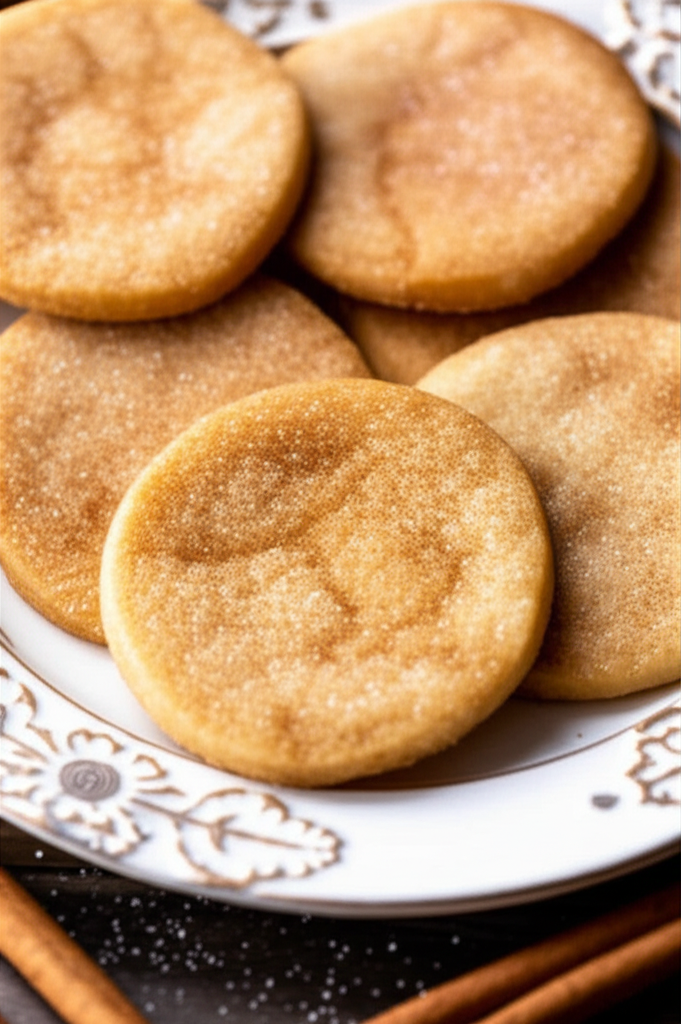 Golden-brown, round sand tart cookies on a decorative white plate, with cinnamon sticks nearby.