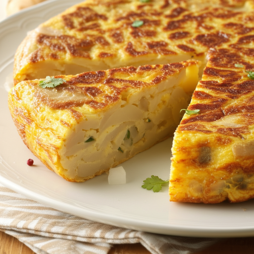 Golden-brown Spanish tortilla with potatoes and onions, a slice cut out, garnished with parsley.