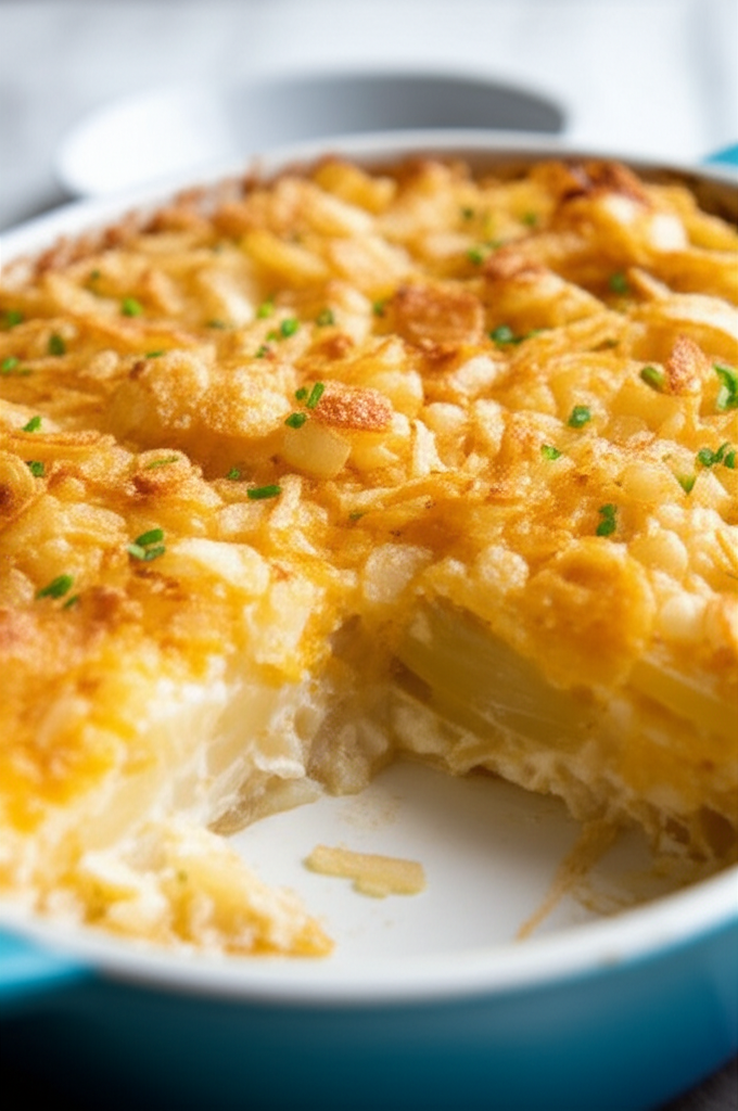 Golden-brown potato casserole in a blue dish, garnished with chives. A slice is removed, showing creamy layers.
