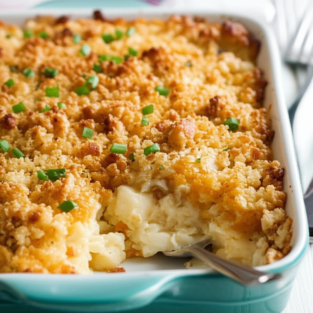 Baked potato casserole in a blue dish, topped with golden-brown breadcrumbs and green onions. A serving spoon is visible.