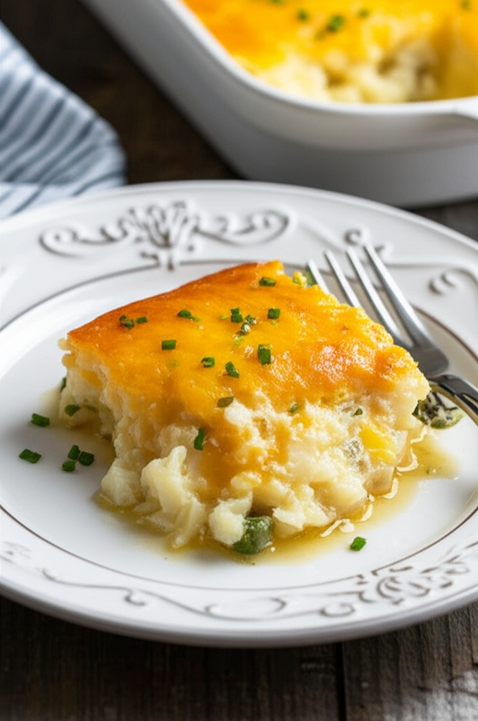 Slice of grated potato casserole with golden-brown cheesy top, garnished with chives on a white plate.