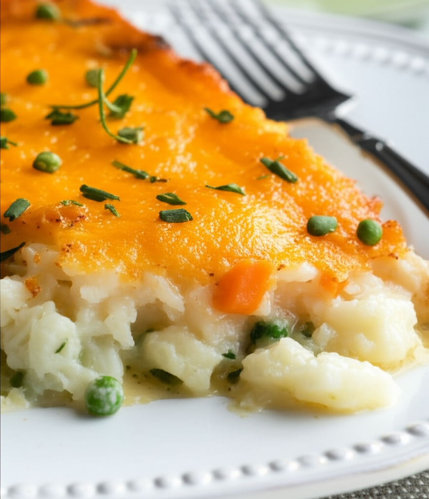 Slice of potato casserole with melted cheddar, peas, carrots, and herb garnish on a white plate.