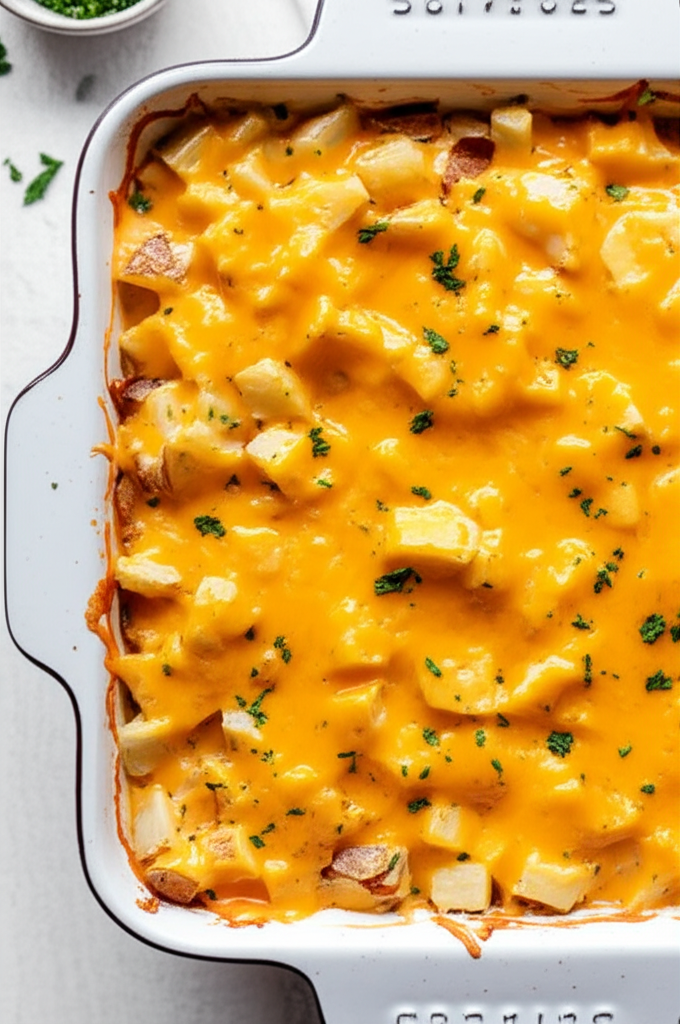 Baked cheesy potatoes in a white dish, topped with melted cheddar and parsley.