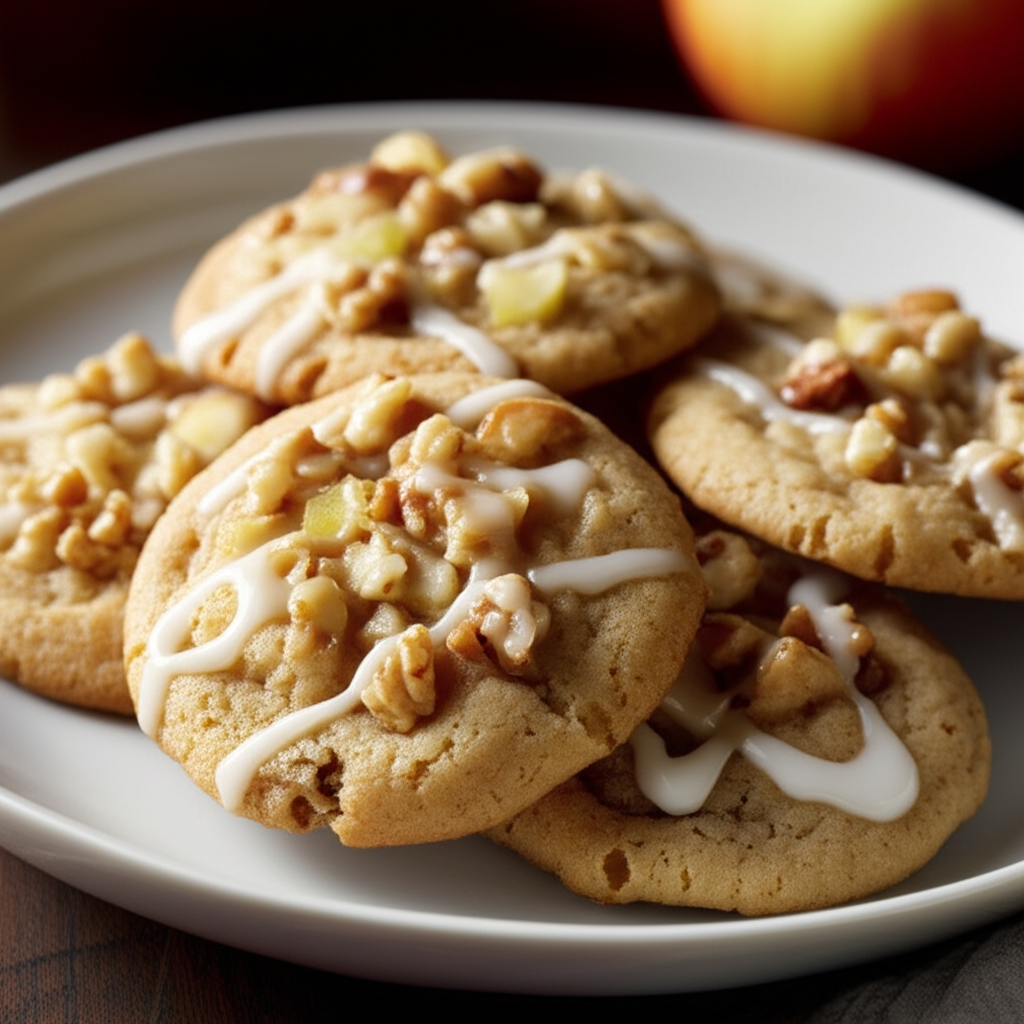 Baked apple cookies on a white plate, topped with chopped walnuts, apple pieces, and a drizzle of white glaze.