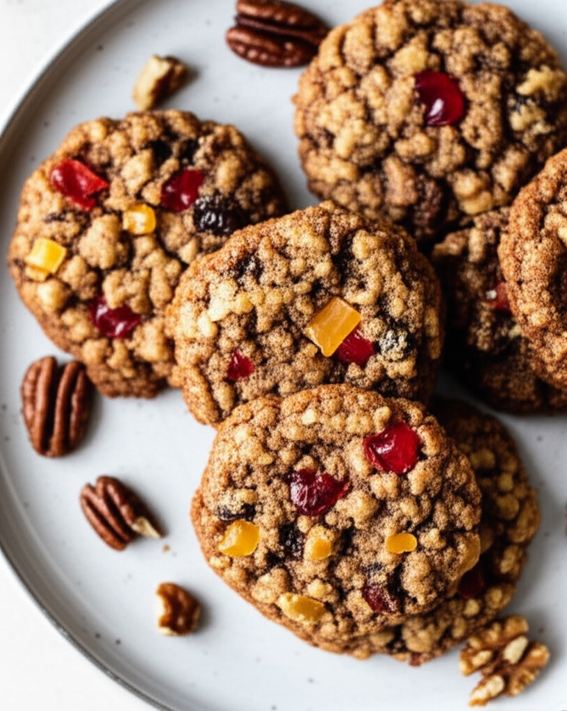 Fruitcake cookies on a plate, studded with candied fruit and nuts.