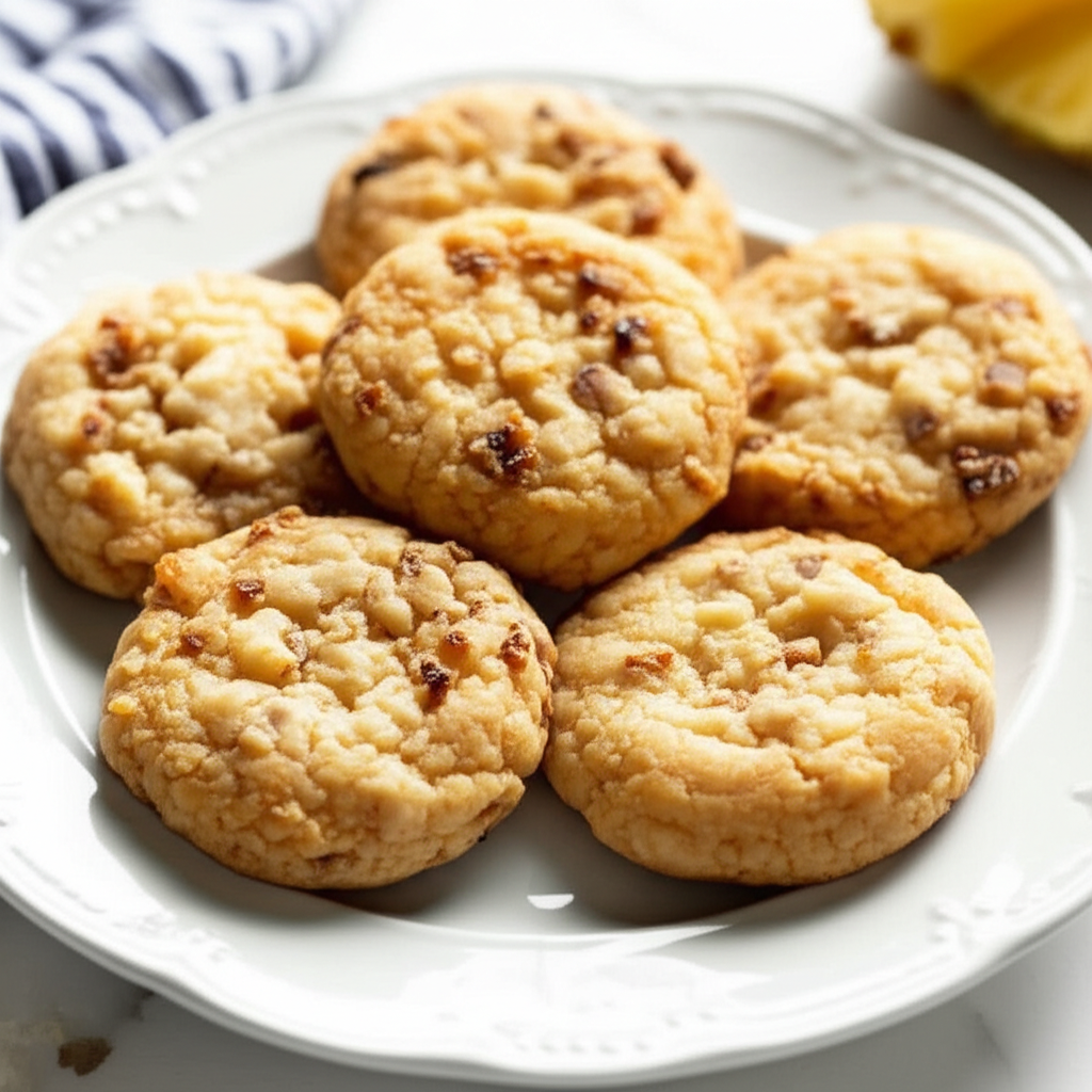 Baked pineapple cookies on a white plate, showing golden-brown color and visible pineapple pieces.