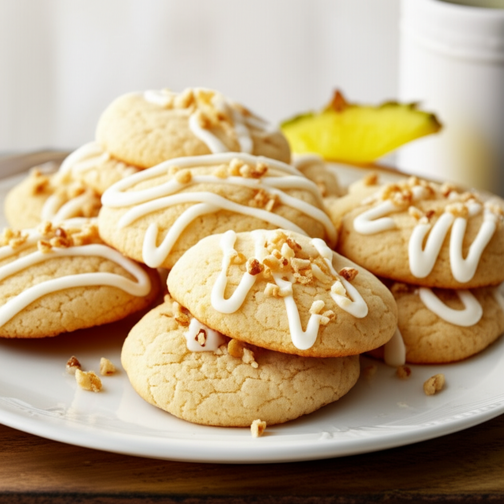 Pile of baked pineapple drop cookies with white icing drizzle and chopped nuts on a white plate.