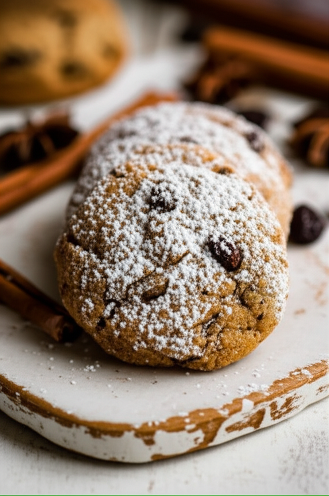 Powdered sugar-dusted carrot spice cookies with raisins, stacked on a white board with cinnamon sticks.