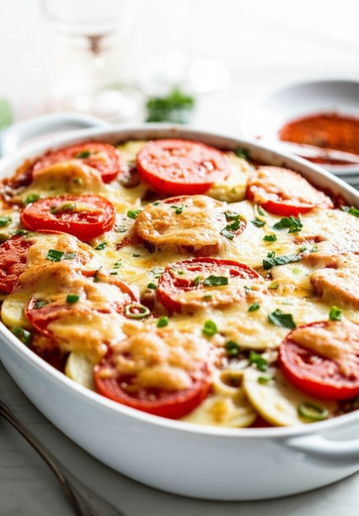 Baked potato and tomato casserole in a white dish, topped with melted cheese and fresh herbs.