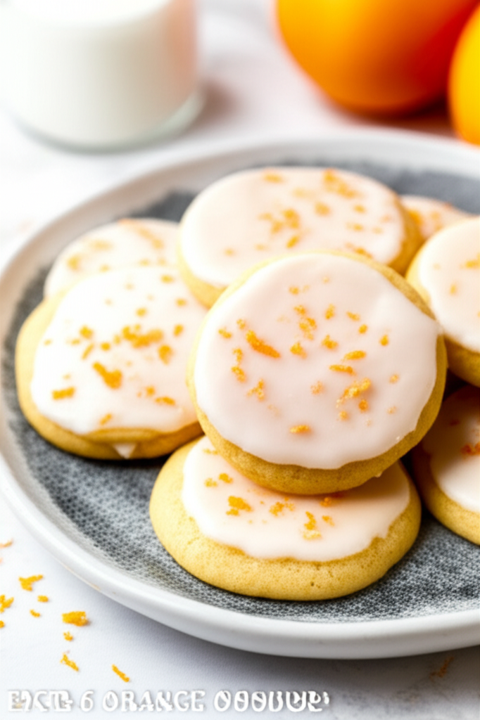 Iced orange cookies stacked on a gray plate, topped with white icing and orange zest.
