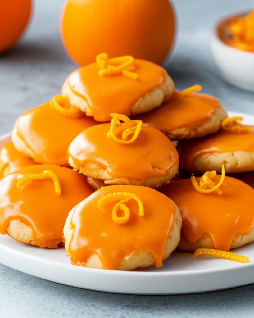 Pile of orange cookies with glossy icing and curled zest garnish on a white plate.