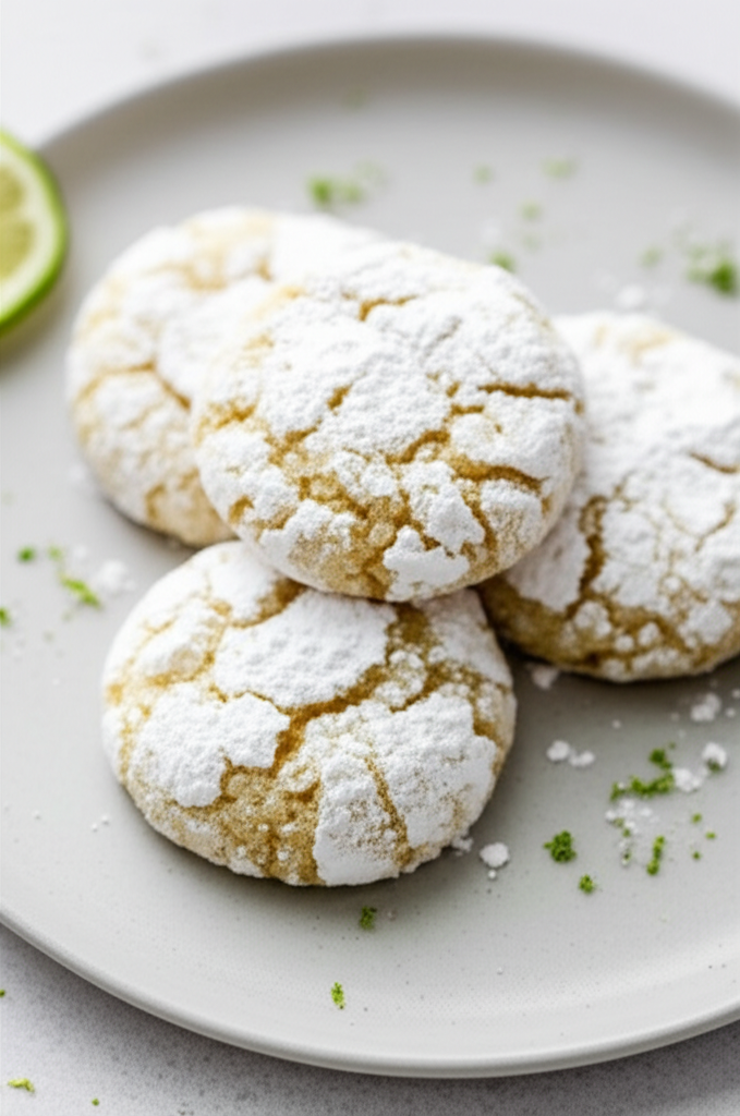 Powdered sugar-covered key lime cookies stacked on a plate with lime wedge and zest.