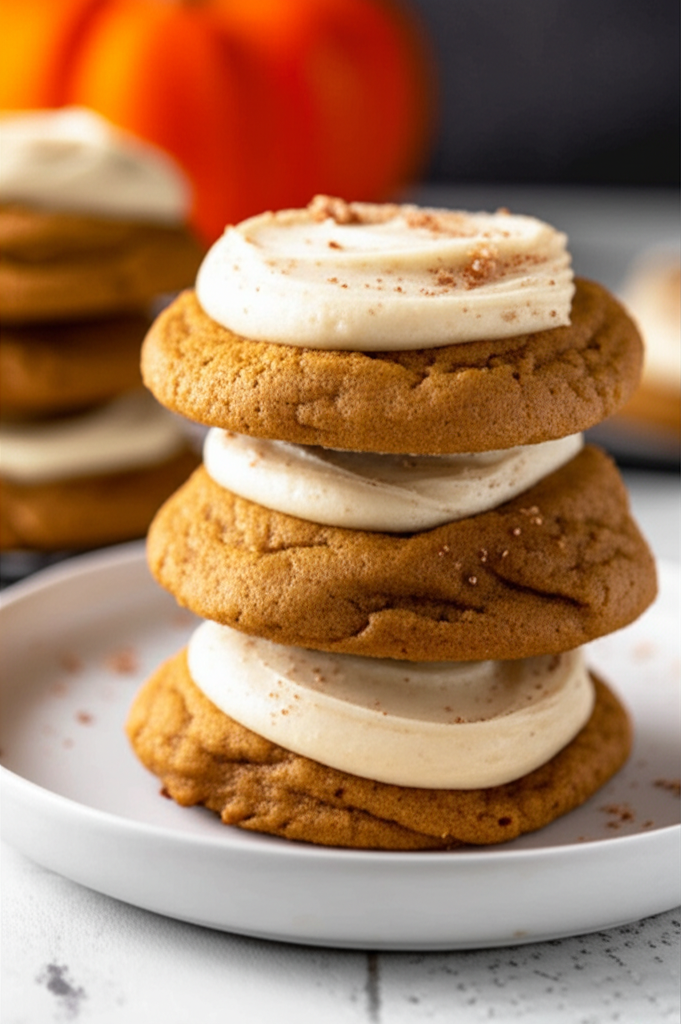 Stack of pumpkin cookies with penuche frosting on a white plate, sprinkled with cinnamon. Pumpkin in background.