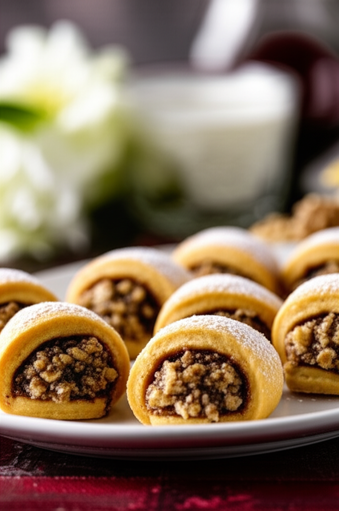 Powdered sugar-dusted, golden crescent cookies filled with walnut mixture on a white plate.